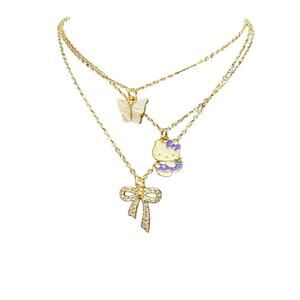 Kitty Necklace x 3 with stud earrings. NWT. Costume jewelry Gold Tone